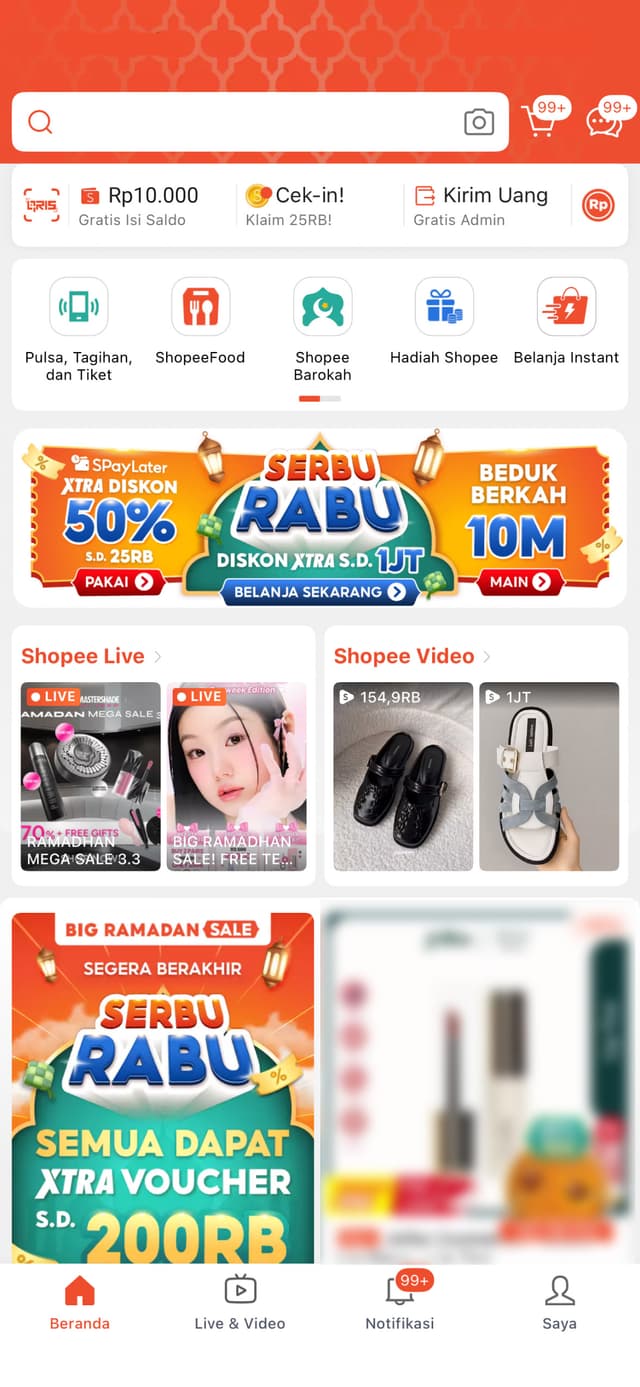 Layar beranda aplikasi Shopee dan ShopeePay