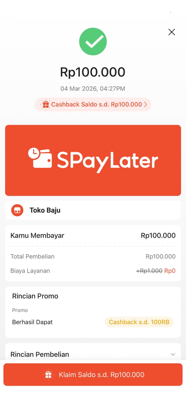Layar konfirmasi pembayaran berhasil